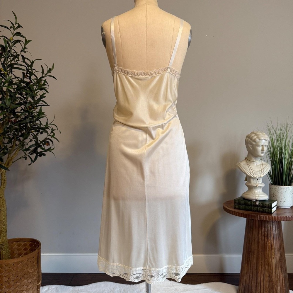 Ivory Satin Slip Nightgown Lace Trim V-Neck Adjustable Straps Lace Hem Coquette - Picture 6 of 14
